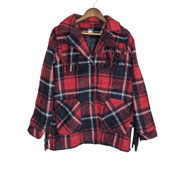 Venus Plaid Barn Chore Pea Coat Large Red Fringe Y2K Western Preppy Boho Jacket - Picture 1 of 10